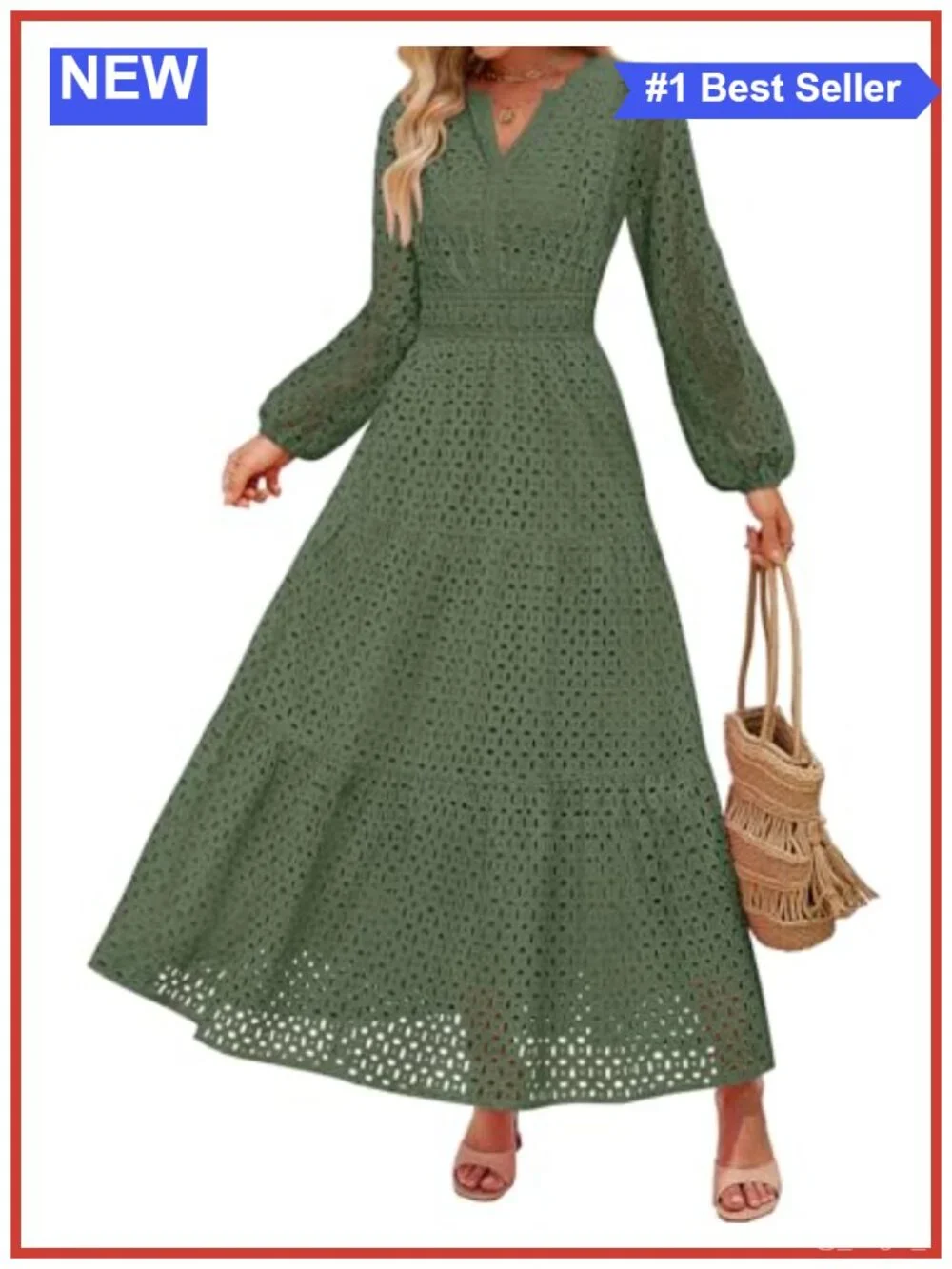Long Sleeve Eyelet Maxi Dress V-Neck A-Line Flowy Swing Dress